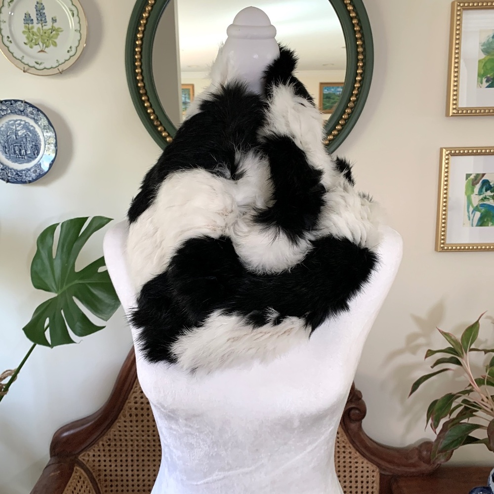 NWT ICB Black White Striped Rabbit Fur Circle Scarf